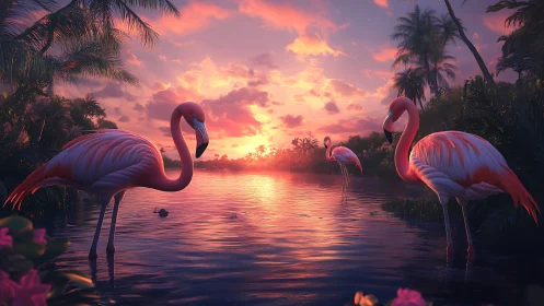Flamingos stand in shallow tropical water at sunset