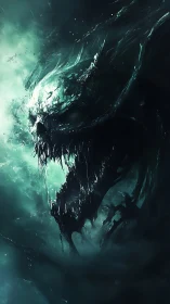 Spectral abyssal wraith skull emerging from teal storm void