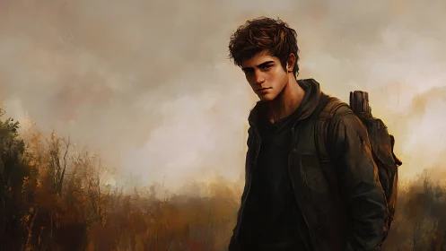 Brooding wanderer stalks a misty, ember-tinted wasteland.