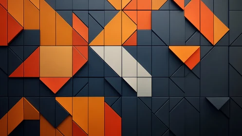 Geometric wall relief of orange panels on deep navy grid.