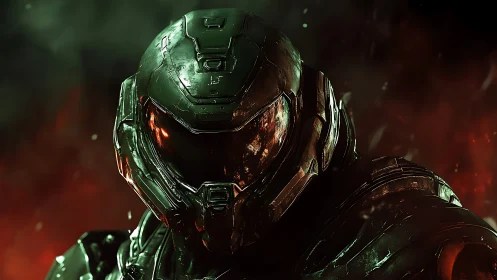 Heavily worn sci fi combat helmet with reflective visor in firelit haze