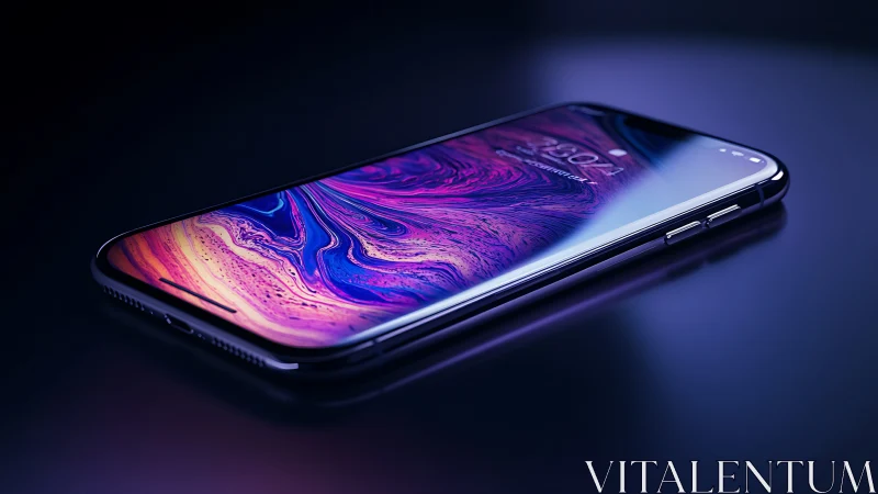 Modern smartphone with vibrant fluid art display.