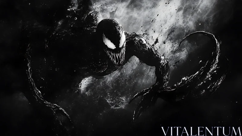 Sinister black symbiote lunges through swirling darkness.