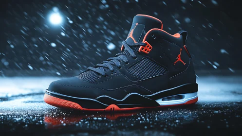 Basketball shoe rendered in wet ground nighttime environment