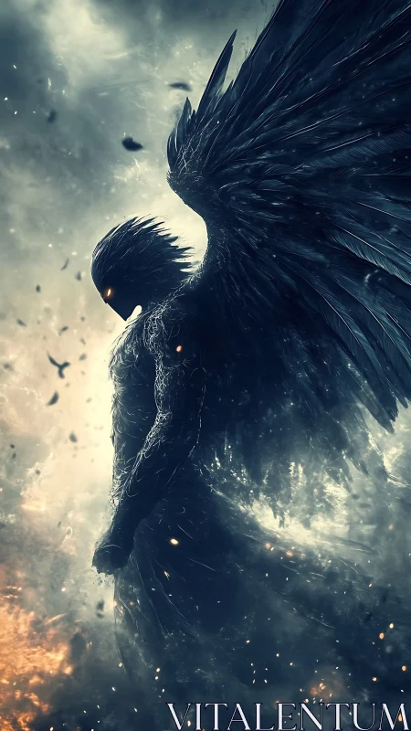 Fallen obsidian seraph strides through stormfire and shadow.