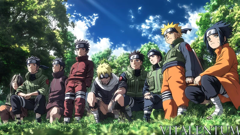 Forest sunlight crowns a determined squad of leaf shinobi