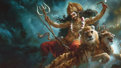 Warrior deity rides twin tigers through stormlit clouds.
