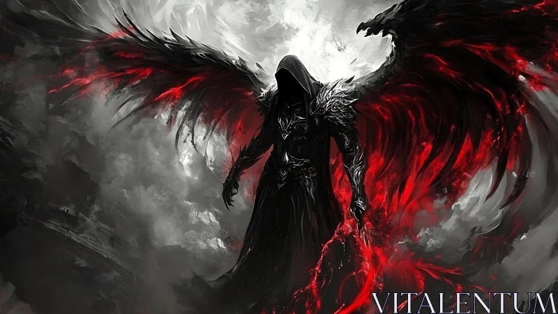 Dark winged reaper emerges with blazing crimson scythe.