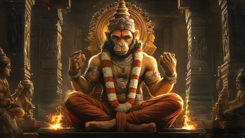 Simian deity in luminous temple mandala, ritual fire-lit focus.