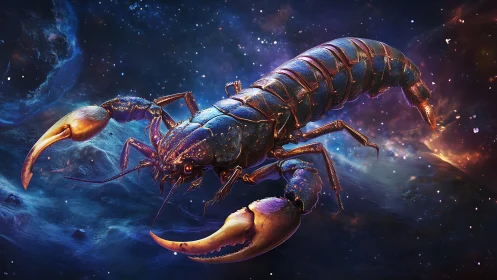 Cosmic scorpion crab drifts through jewel toned starlight.