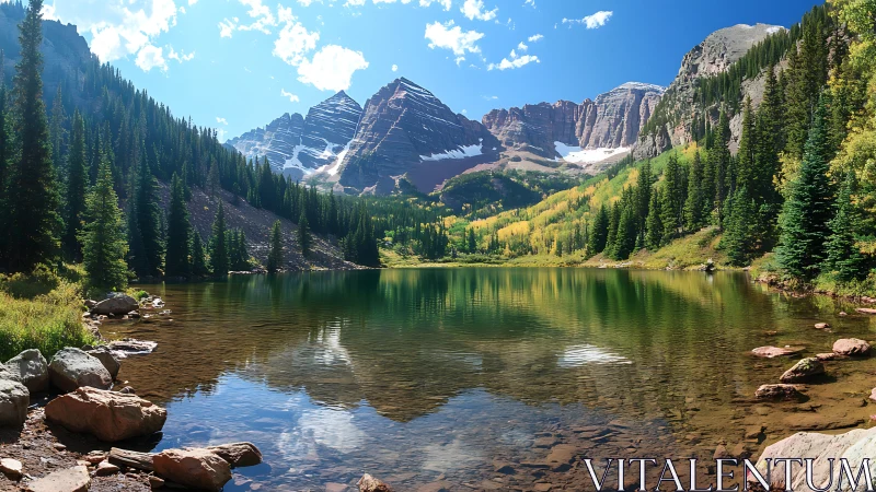 Peaceful mountain lake cradled by bright pines and peaks.
