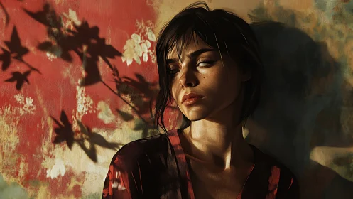 Cinematic digital portrait in raking light with floral shadows