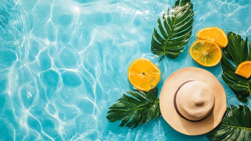 Straw sun hat, citrus slices and monstera leaves in pool water