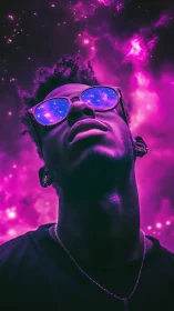 Portrait of person in neon cosmic setting with glasses.