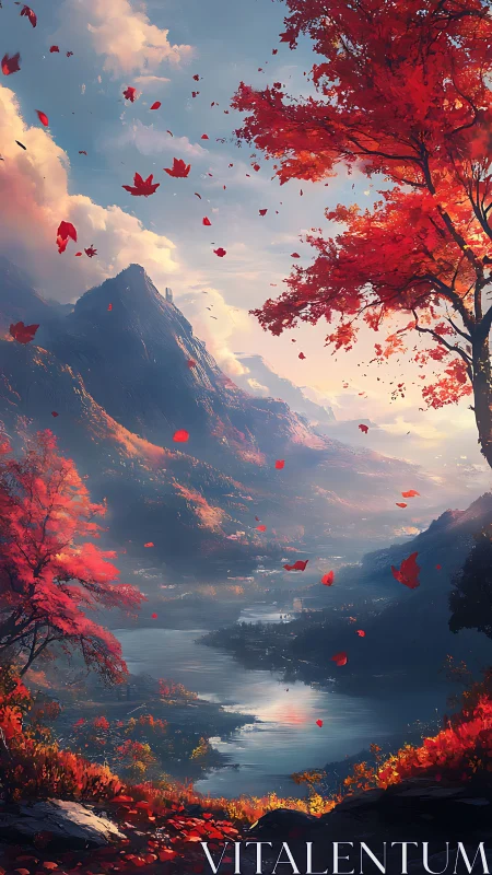 Digital valley landscape shows river, mountains and red trees