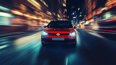 Red hatchback advances through night city with dynamic light trails