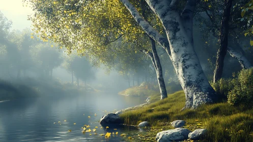 Calm misty river with birch trees and soft morning light.