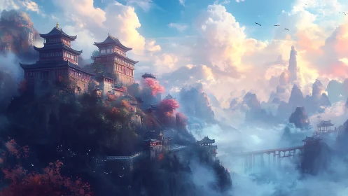 Misty mountain temples rise above a luminous fantasy valley.