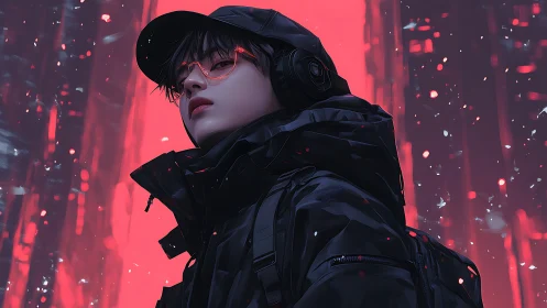 Neon-lit urban portrait of hooded listener in high-contrast red