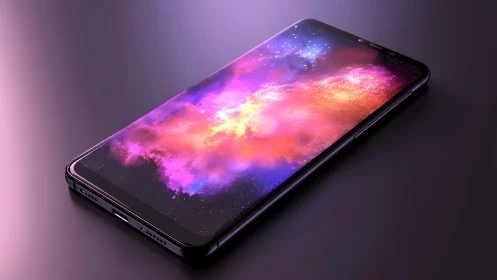 Modern smartphone on purple surface with vibrant galaxy display.