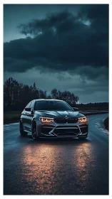Sleek sports sedan glides along a moody wet twilight road