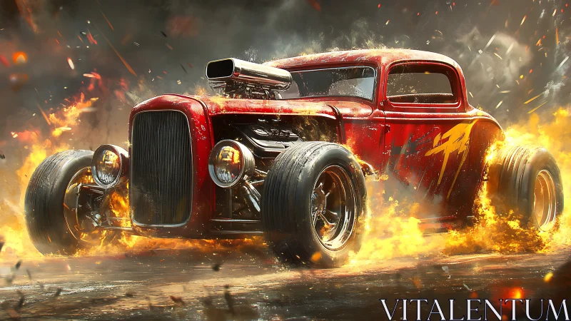 Digital painting of flaming red hot rod in dynamic drift.