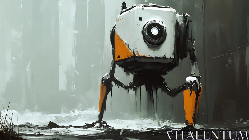 Tripod surveillance mech framed in desaturated industrial fog