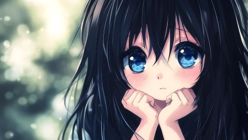 Wide-eyed anime girl rendered with high-gloss specular shading and bokeh