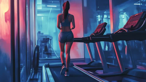 Neon treadmill dreamscape with lone runner in glowing gym.