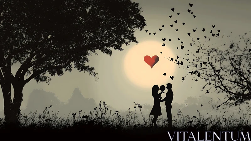 Silhouette couple beneath glowing heart in misty landscape.