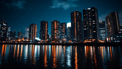 Riverfront city lights glow warmly against a deep blue night