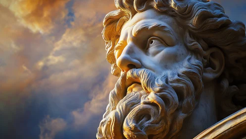 Classical bearded stone statue head against cloudy sky.