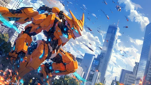 Towering orange mech guardian readies for battle above city