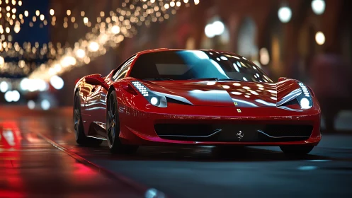 Sleek red sports car gliding under dreamy city lights.