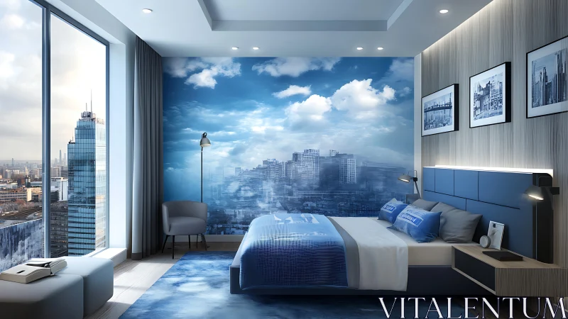 Skyline sanctuary bedroom with dreamy blue city mural.