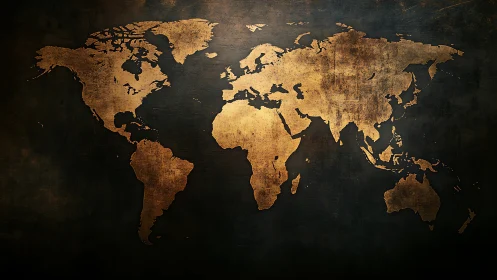Textured gold world map on dark grunge background.