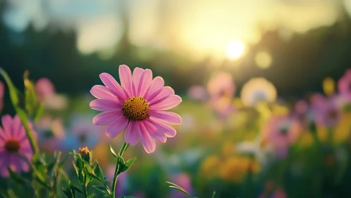 Pink Daisy in Golden Sunlight at Field Sunset.