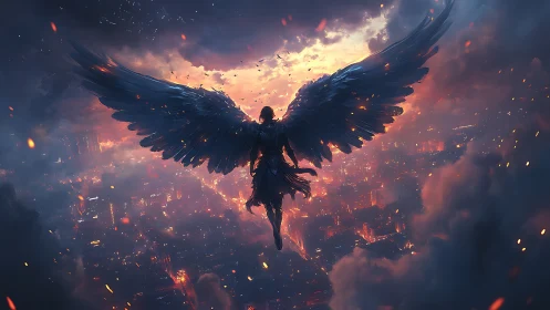Backlit winged figure hovers above neon city in stormy dusk