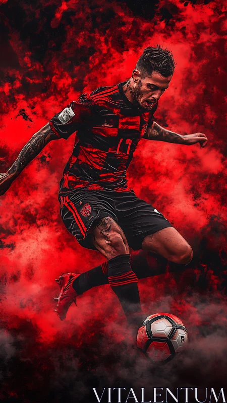 Soccer forward strikes ball through intense red smoke storm