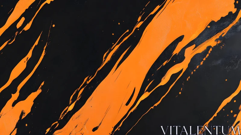 Bold orange and black abstract paint streaks on canvas.