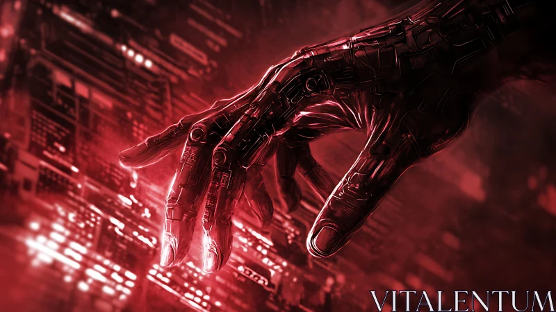 Cybernetic hand interfaces with glowing circuit grid in red fog