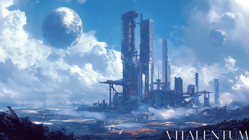 Vertical megastructure complex rises amid stratified alien clouds