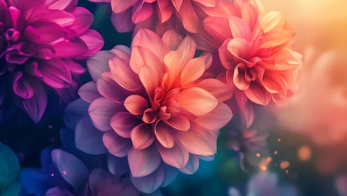 Radiant Dahlias Bloom in Gradient Sunset Glow