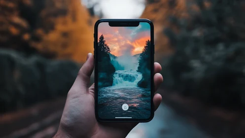 Handheld smartphone framing waterfall with sunset sky scene.