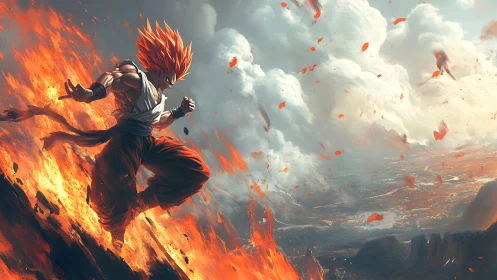 Fiery anime warrior charges through erupting mountainscape.