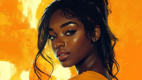 Digital portrait highlights luminous skin against orange field.