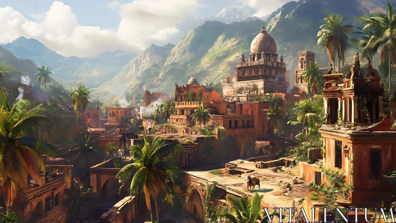 Digital painting of sunlit jungle city with domed citadel.