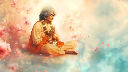 Meditating spiritual guru sits amid ethereal pastel blossoms