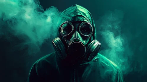 Mysterious wanderer in teal smoke and heavy gas mask.