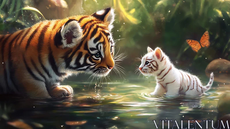 Tiger cubs trade secrets in a sunlit jungle puddle.